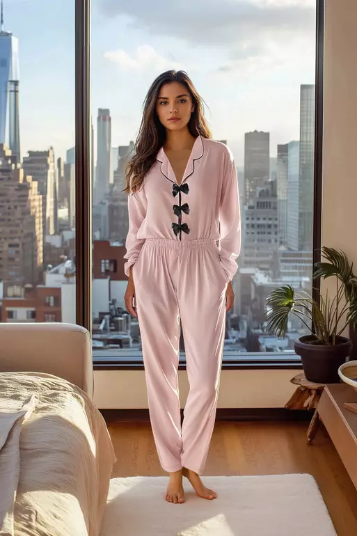 Powder Ribbon/Bow And Piping Detailed Woven Pajama Set