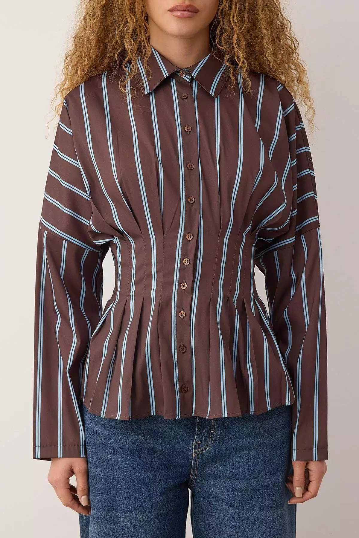 Brown-Multicolored Striped Lycra Fitted Waist Shirt Twoaw26Go113