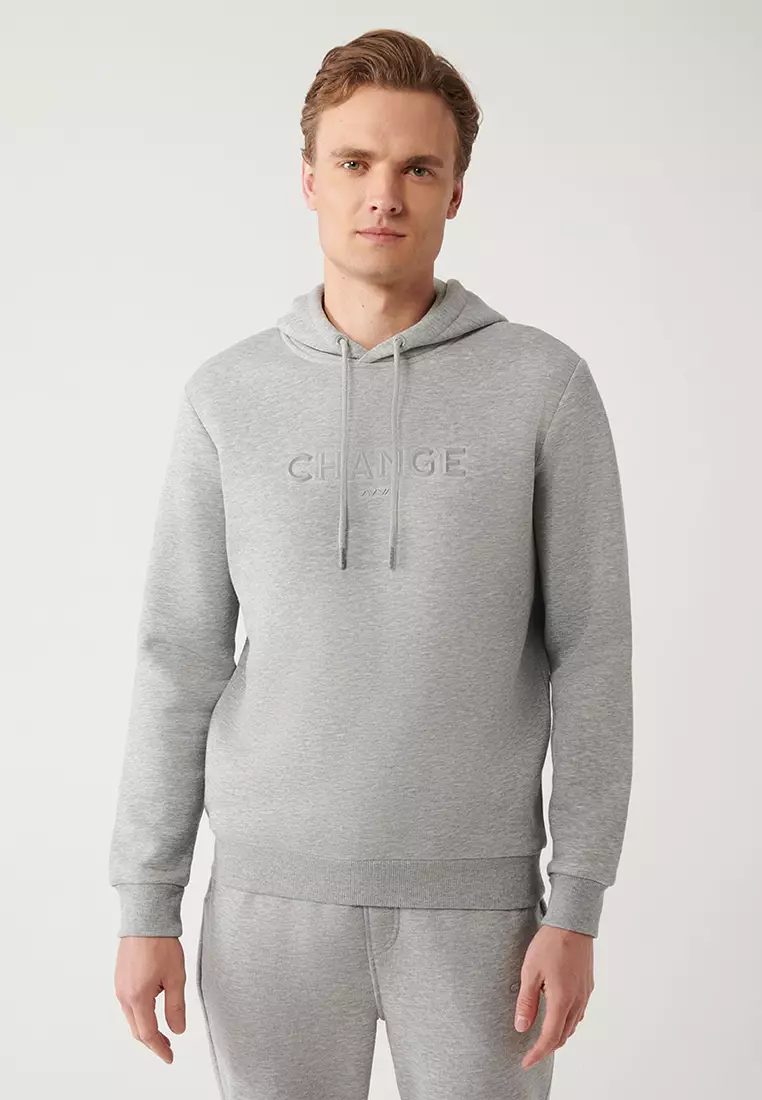 Men's Gray Hooded 3 Thread Raised Printed Sweatshirt A32Y1240