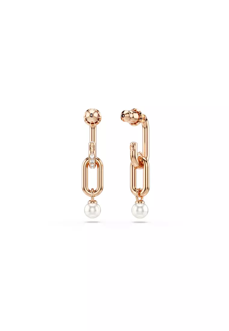 Constella drop earrings, Crystal pearl, Round cut, White, Rose gold-tone plated