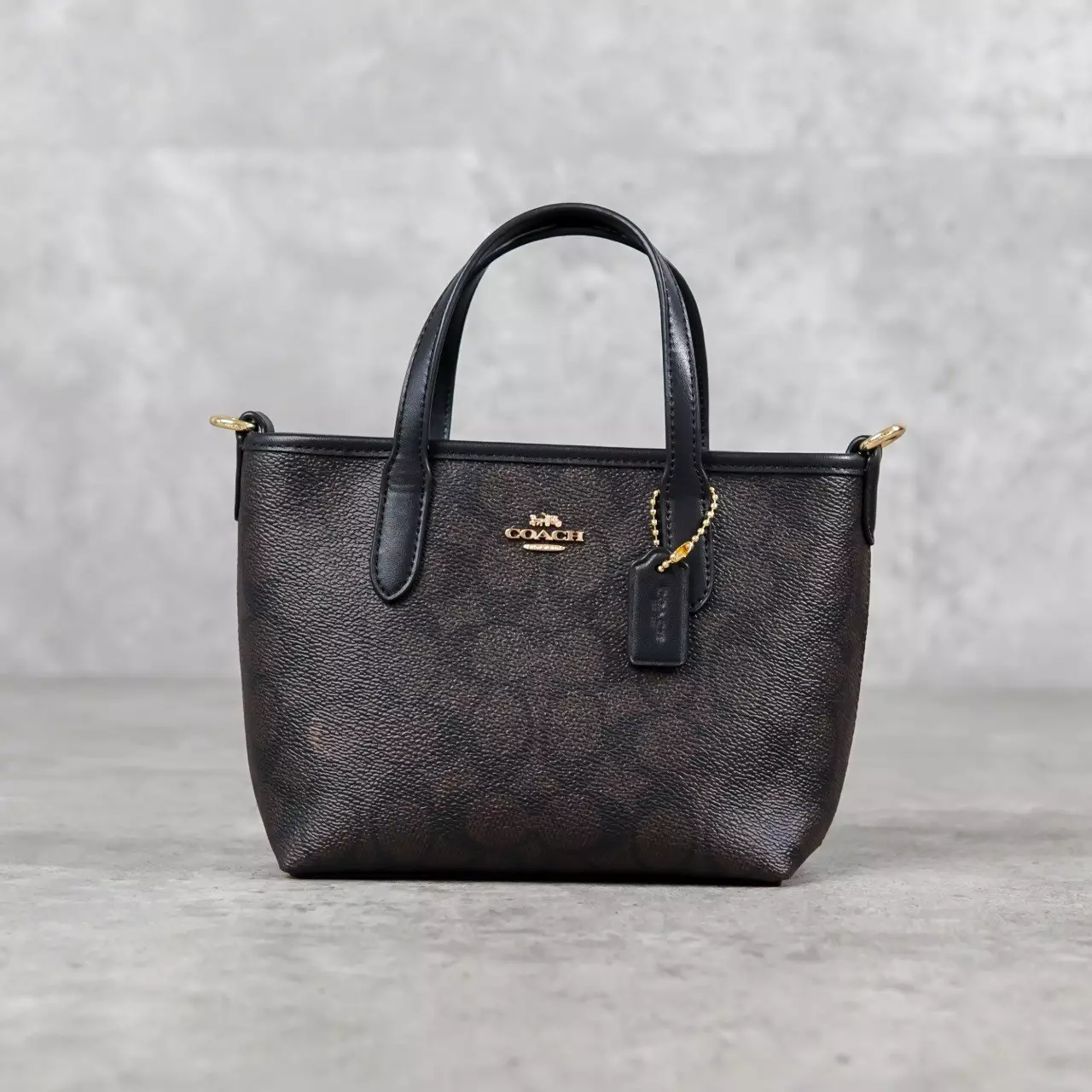 Tas COACH CITY MONOGRAM BLACK DARK BROWN MINI ZIP TOTE BAG WITH LS 100% ORIGINAL