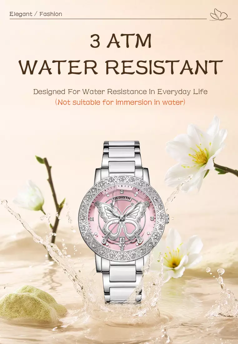 Jam Tangan Wanita Desain Kupu-Kupu Berlian Kristal Kalender Tali Stainless Steel Ceramic Anti Air Warna silverpink