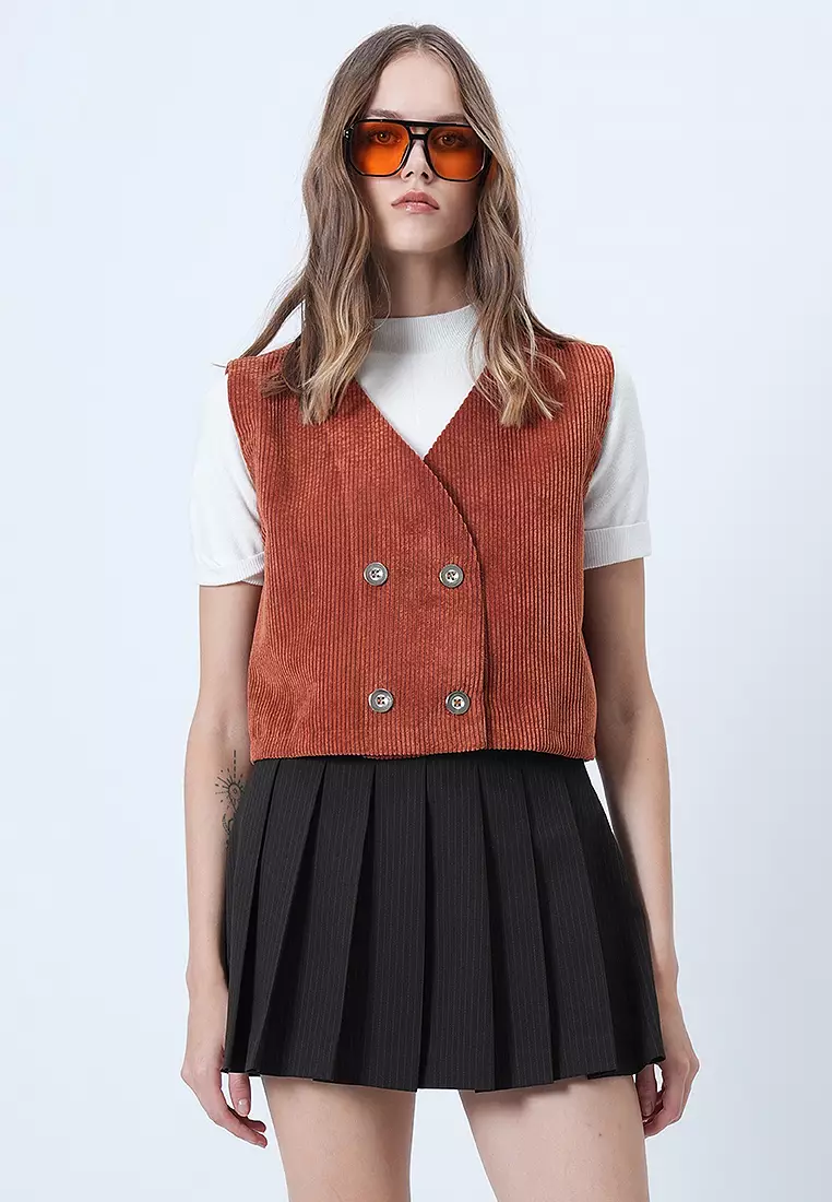 Double-Breasted Velvet Vest with Metal Buttons
