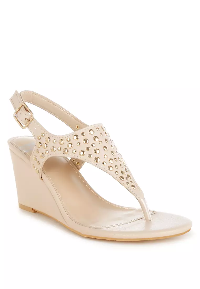 Studded Thong Toe Wedges in Beige