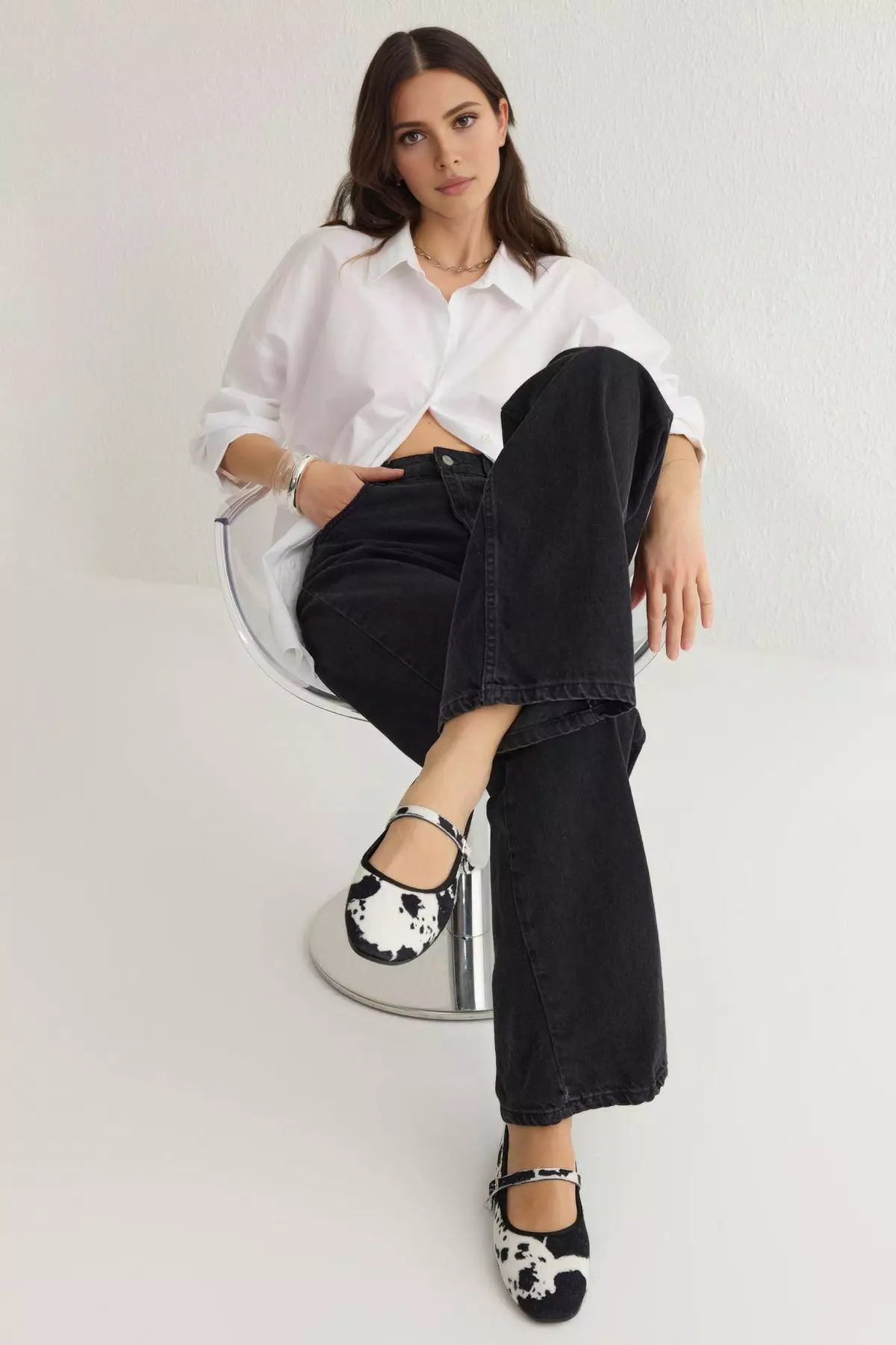 Black Cow Patterned Almond Toe Mary Jane Women's Ballerinas Takss25Be00010