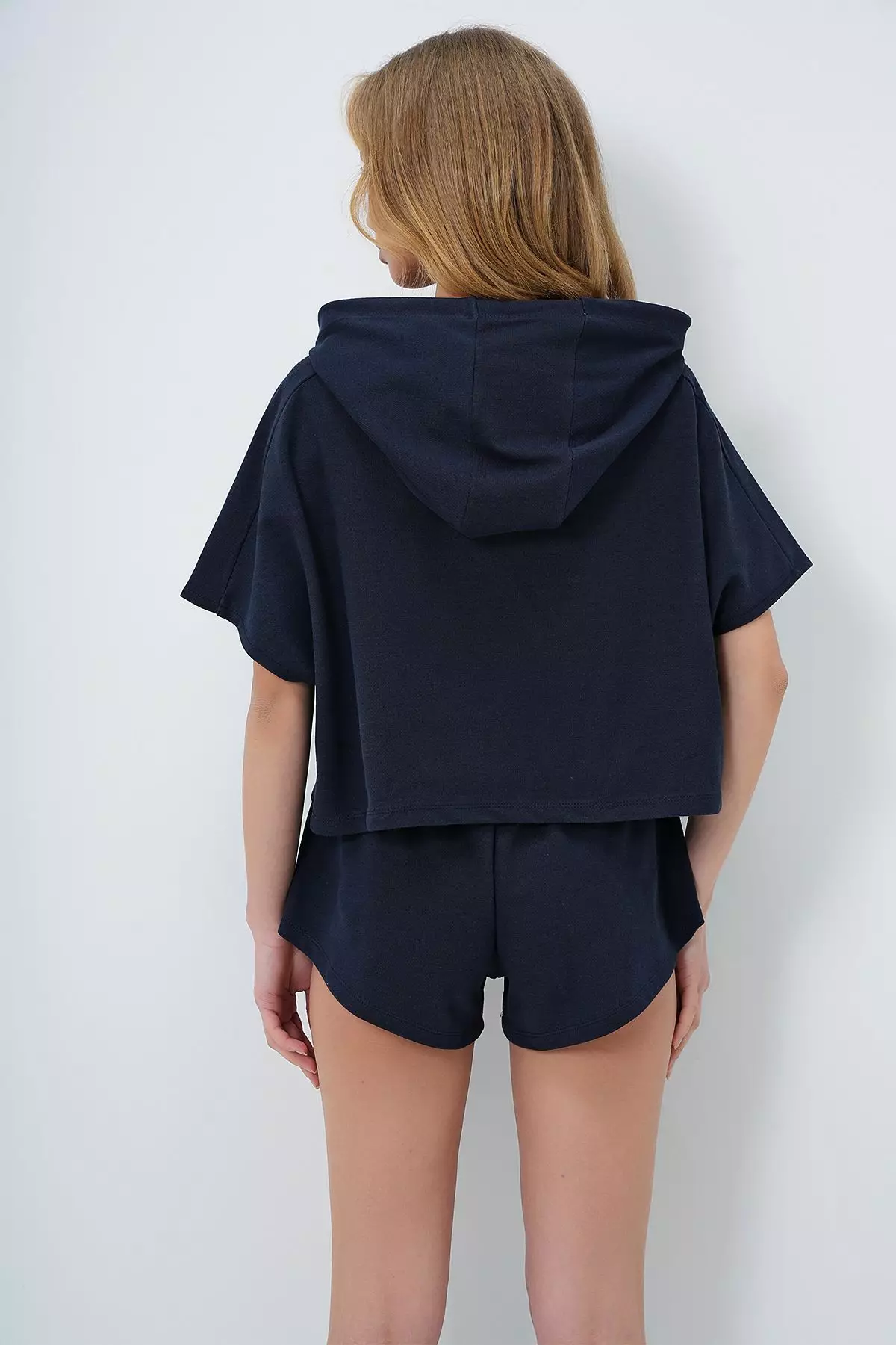 Women's Navy Blue Hooded Crop Sweatshirt and Shorts Set