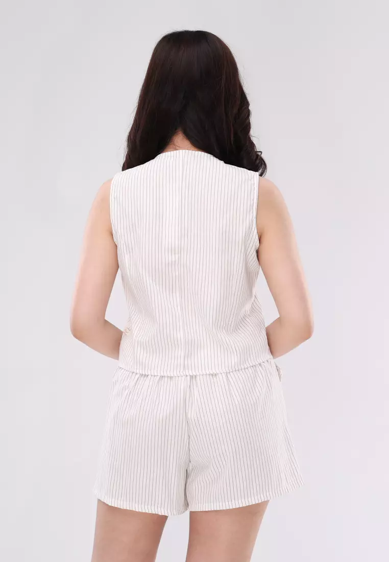 Stripes Cotton Sleeveless Blouse/Shorts Terno