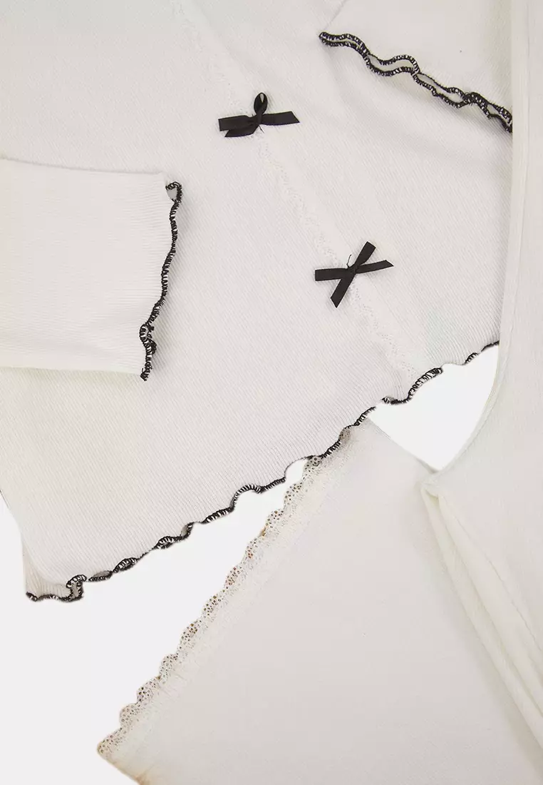 Ecru White Cotton Lace And Ribbon/Bow Detailed Ribbed Knitted Pajama Set Tbbaw26Ai00021