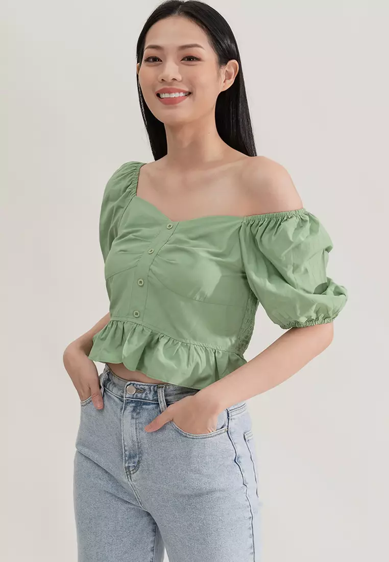 泡泡袖露腰短上衣