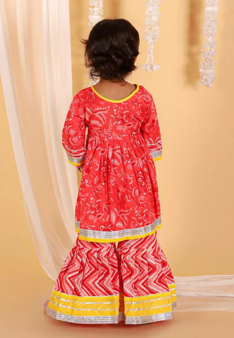 Deep Red Girls Anarkali Kurta Sharara Set