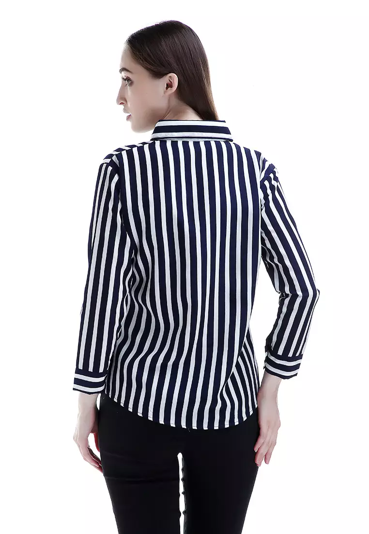 Carmel Long Shirt Motif Pattern Dual Tone Color Woman Design Chic - Navy