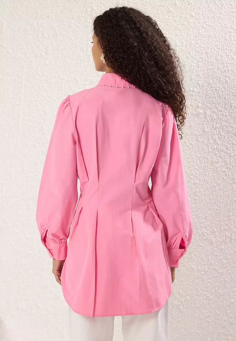 Pink Waist-Sit Pearl Detailed Woven Shirt Tctaw24Tg00027