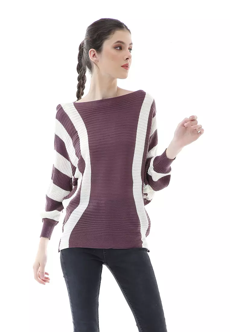 Viana Blouse Rajut Atasan Wanita Motif Zebra Stripe Oversize Jumbo Premium Quality - Burgundy