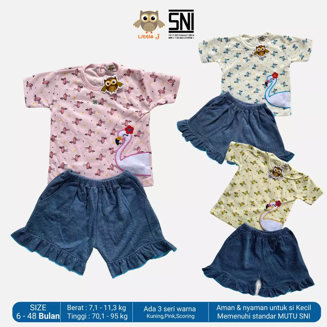 Little J Setelan Baju Anak Cewek Oblong Lengan Pendek Kaos Polos Set Celana Motif Usia 6 Bulan Hingga 48 Bulan