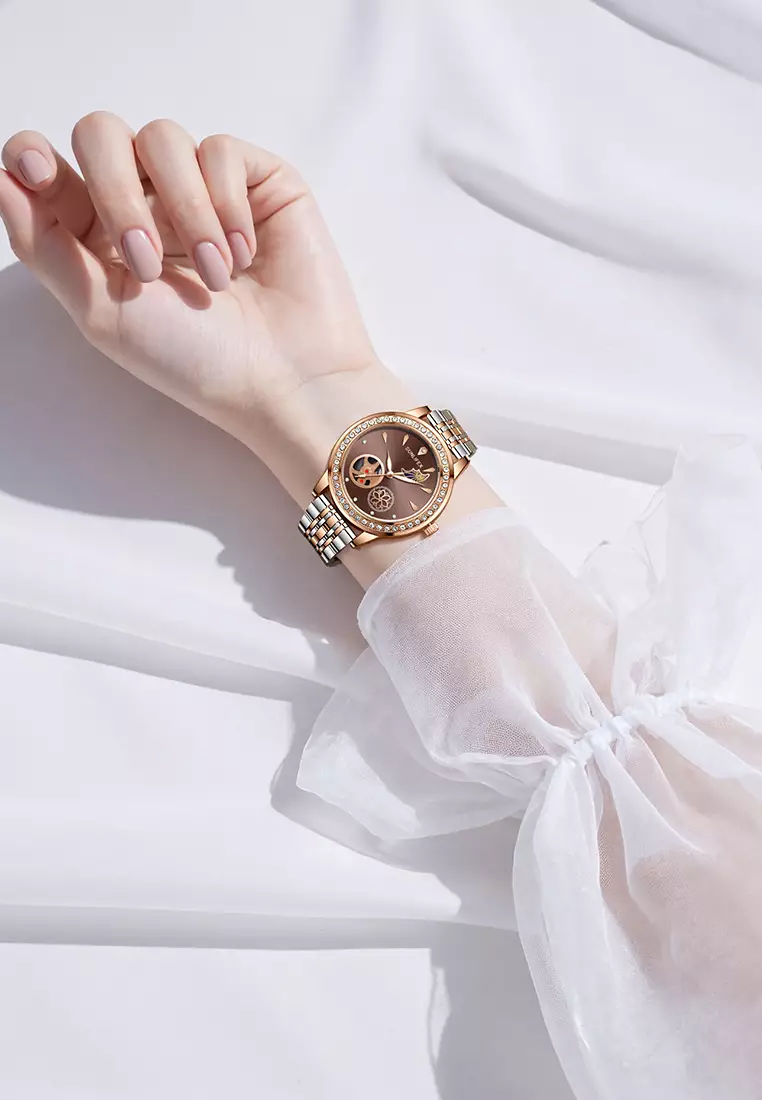 Jam Tangan Wanita E055 Korea Mewah Kuarsa Bercahaya Tali Paduan Jam Tangan Cewek Original brown