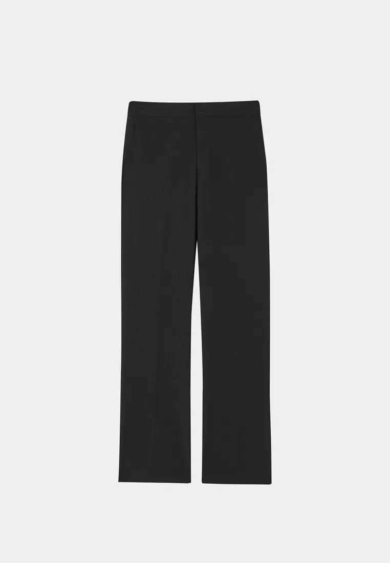 Silver Metallic Thread Textured Black Straight Leg Trousers