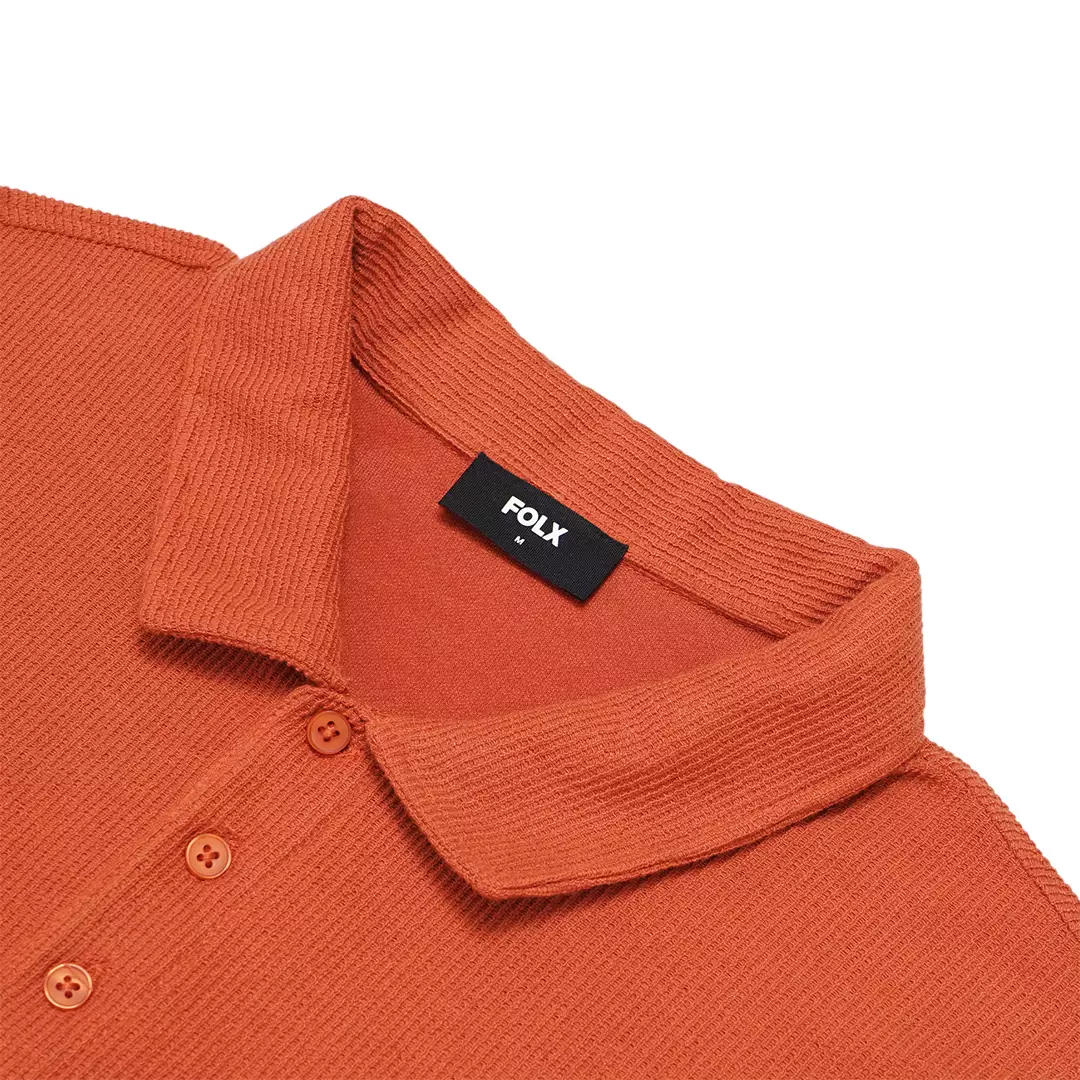 Vertical Texture Long Sleeve Polo Shirt Coral Red