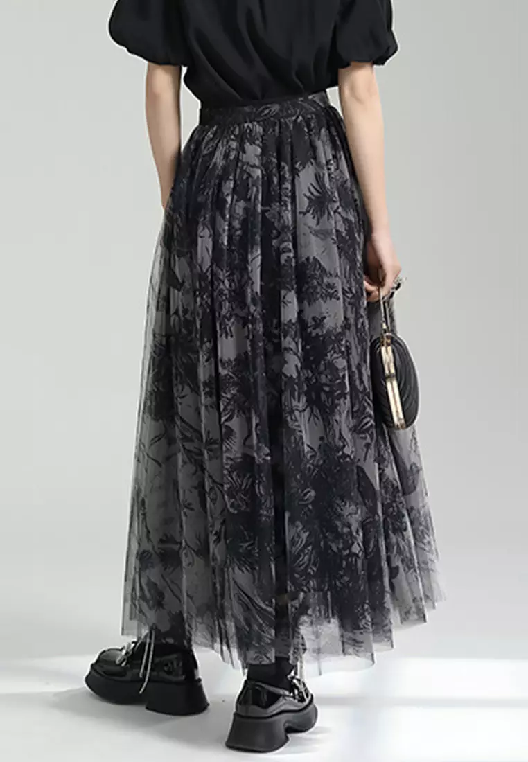 2024 Half skirt mesh print two-piece set summer A-line high waisted mid length skirt CA24030105BK