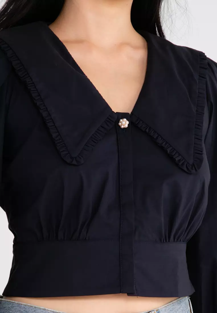 Oversized Point Collar Puffed Sleeve Top