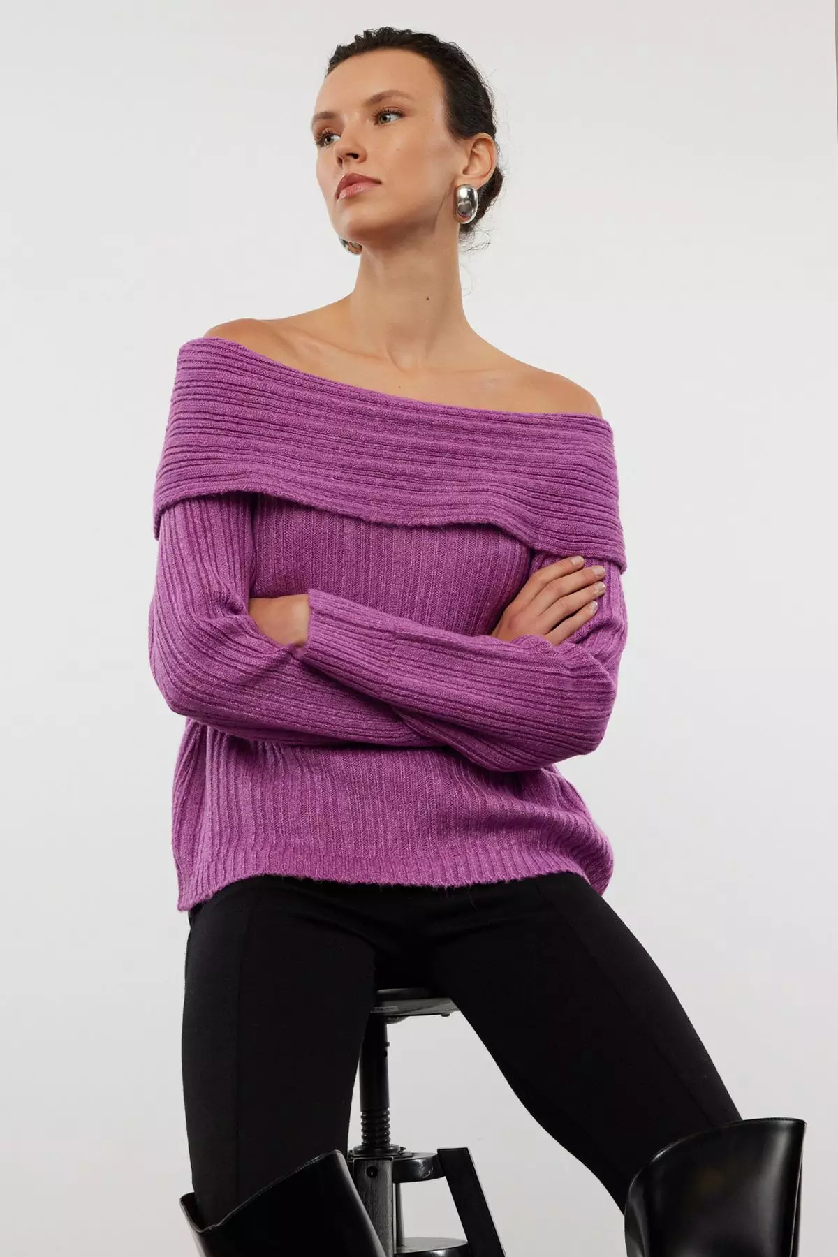 Plum Soft Textured Carmen Collar Knitwear Sweater TWOAW25KZ00076