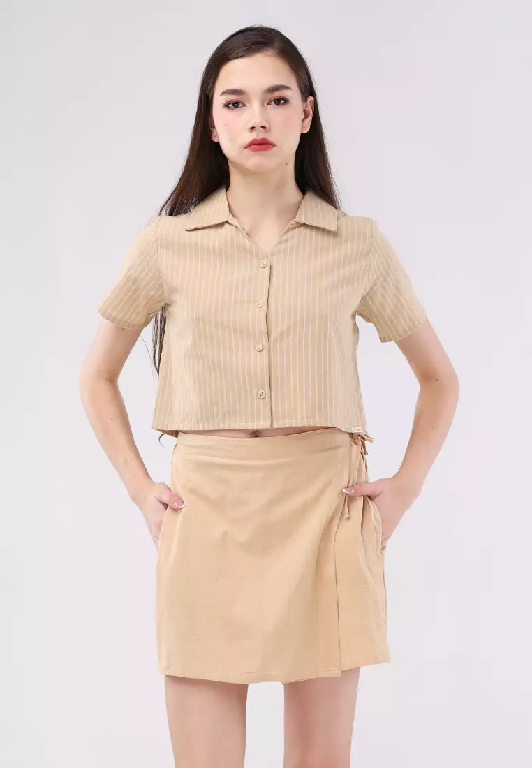 Woven Stripes Linen Short Sleeve Blouse/Skort