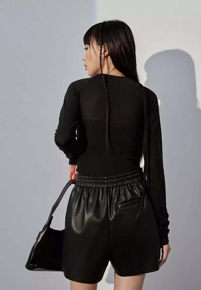 Long Sleeve Top With Tie-Front Strap Neckline