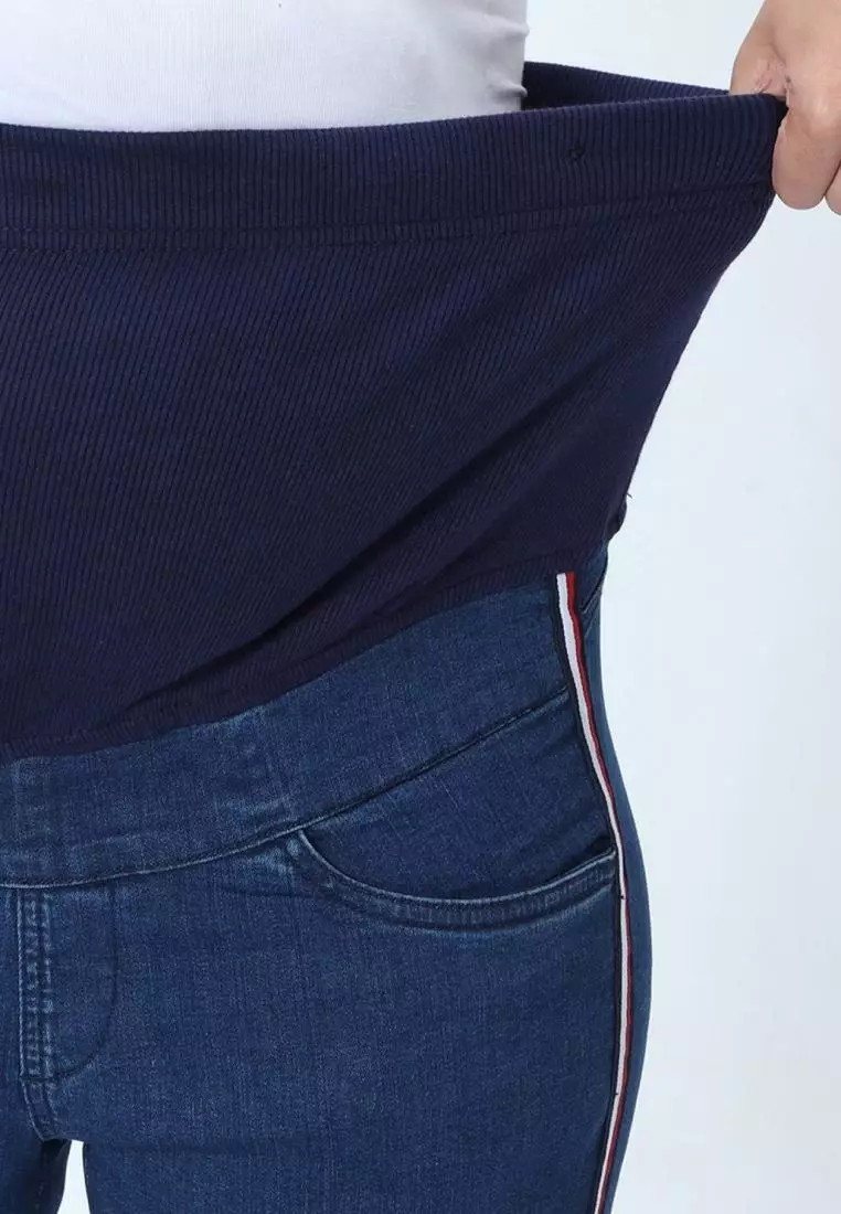 Distress Taped Maternity Denims with Belly Support-Blue