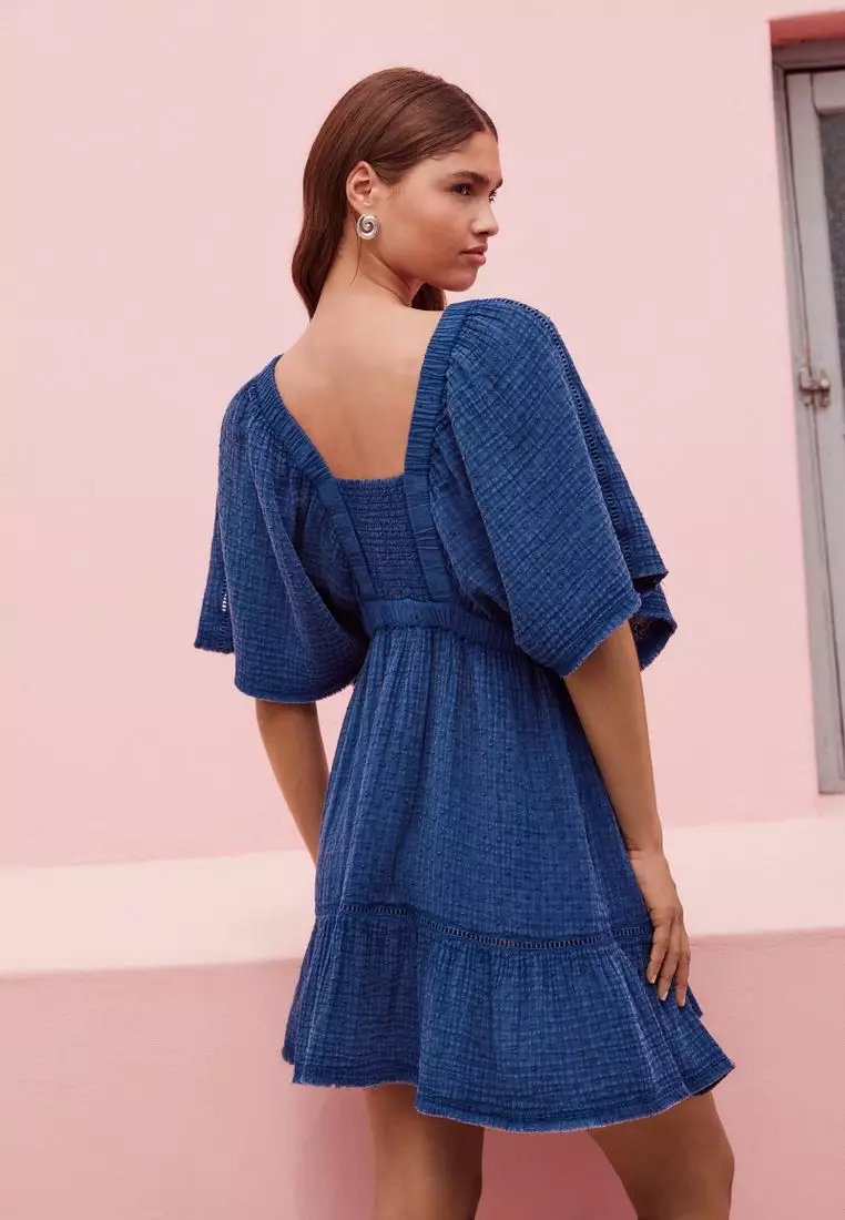 Textured V-Neck 100% Cotton Mini Dress