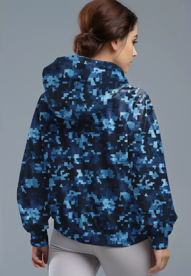 LSD71 Jaket Lari Olahraga Wanita Parasut motif "pixel camo" biru