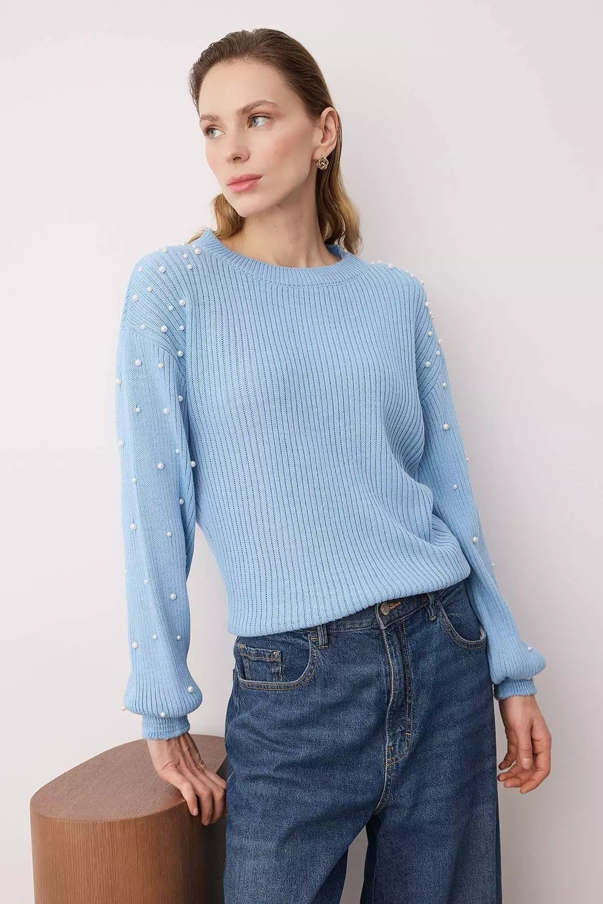 Light Blue Pearl Detailed Crew Neck Knitwear Sweater Twoaw22Kz1493