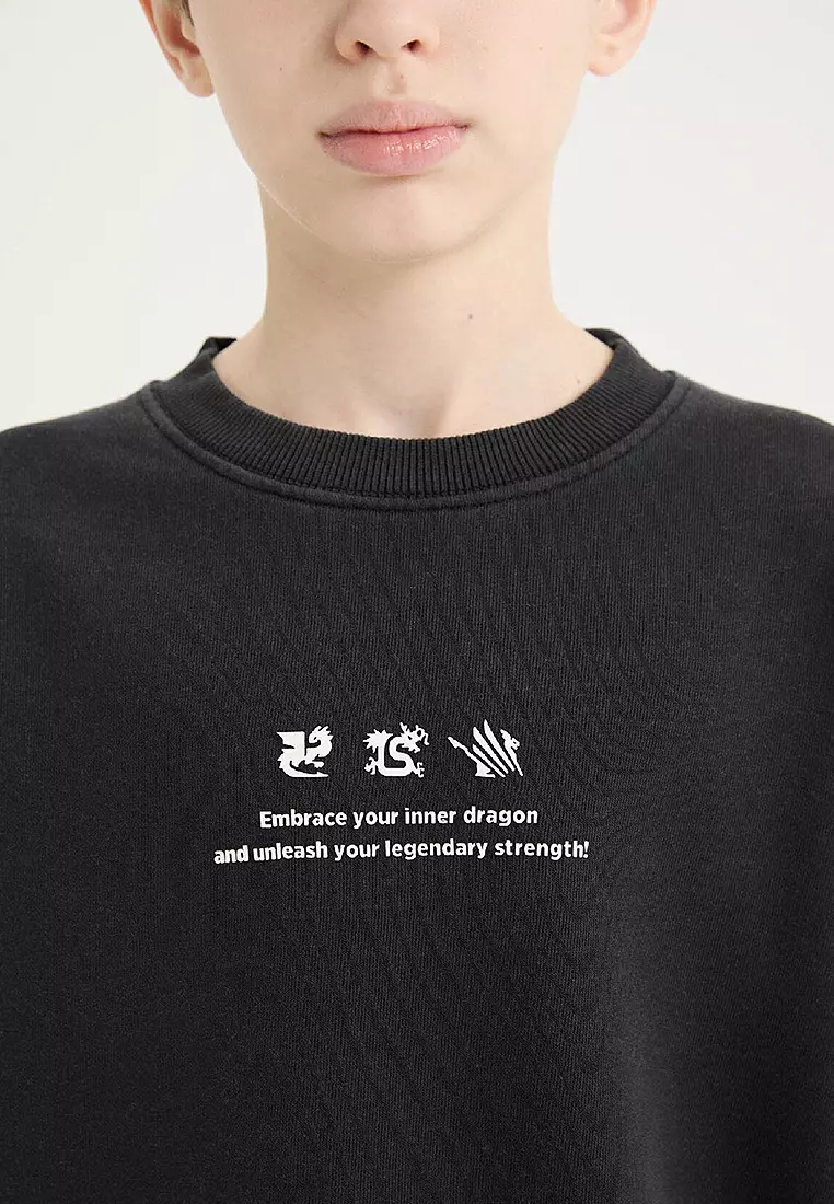 Oversize Wide Cut Crew Neck Back Printed Washed Faded Effect Sweatshirt