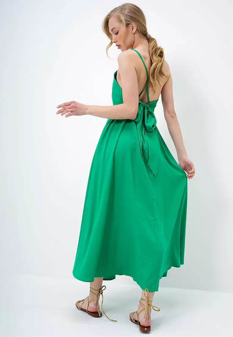 Women's Green Rope Strap Back Tie Detailed Maxi Length Summer Dress Alc-X13471