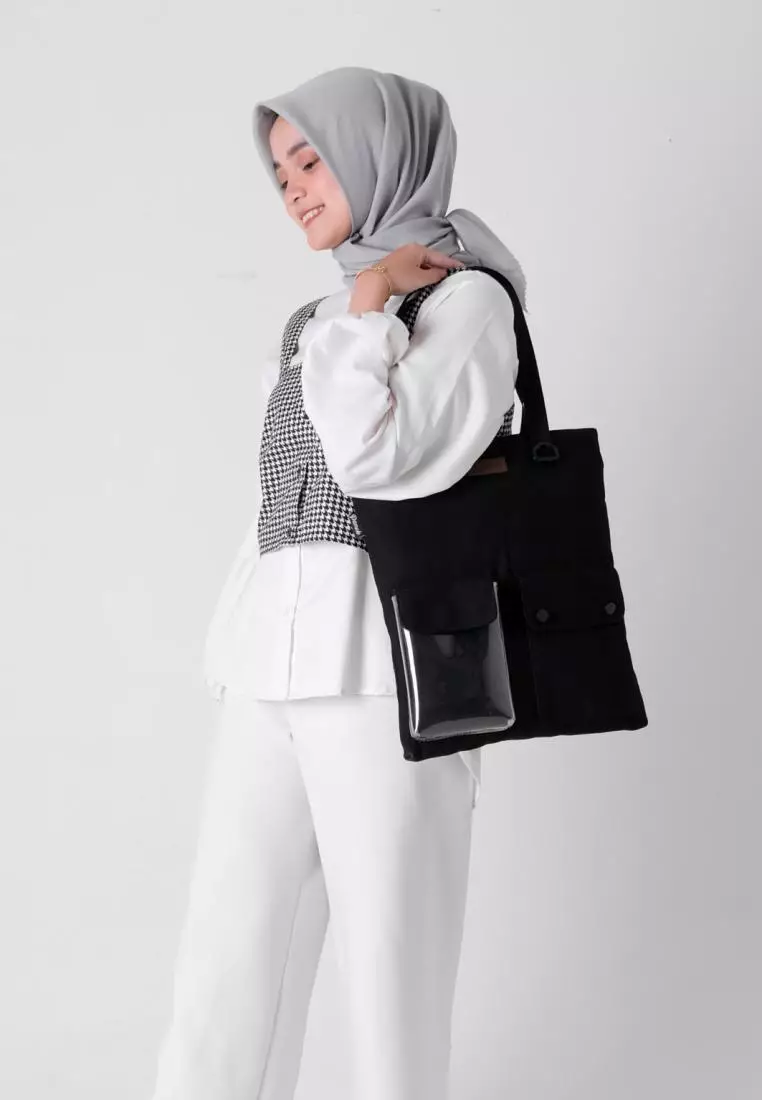 Tote Bag Tas Wanita Bahan Kanvas Penutup Resleting Carry Series Hitam