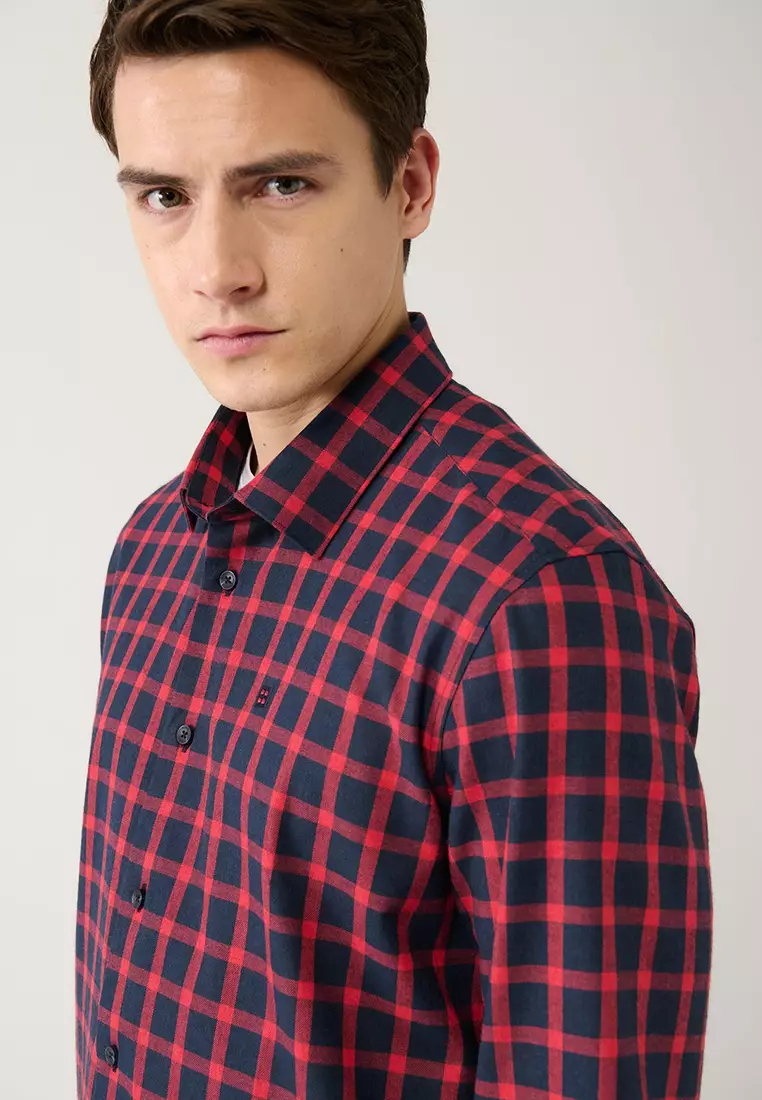 Men's Navy Blue-Red Cotton Plaid Flannel Lumberjack Shirt A32Y2158