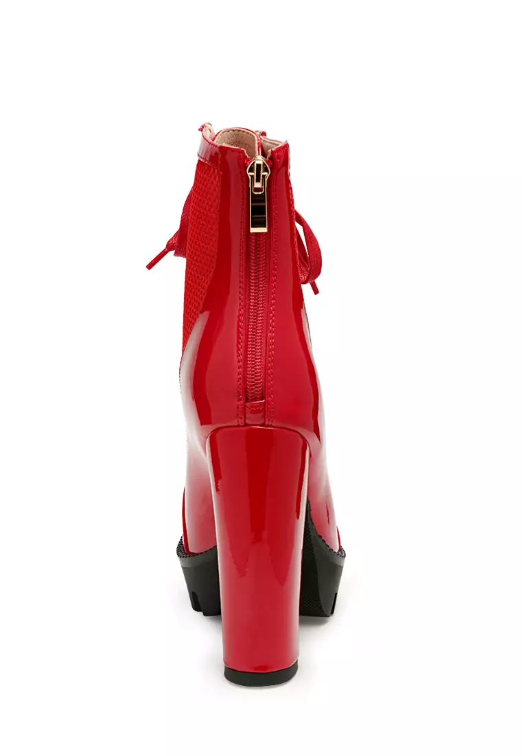 Peep Toe Lace-Up Booties in Red