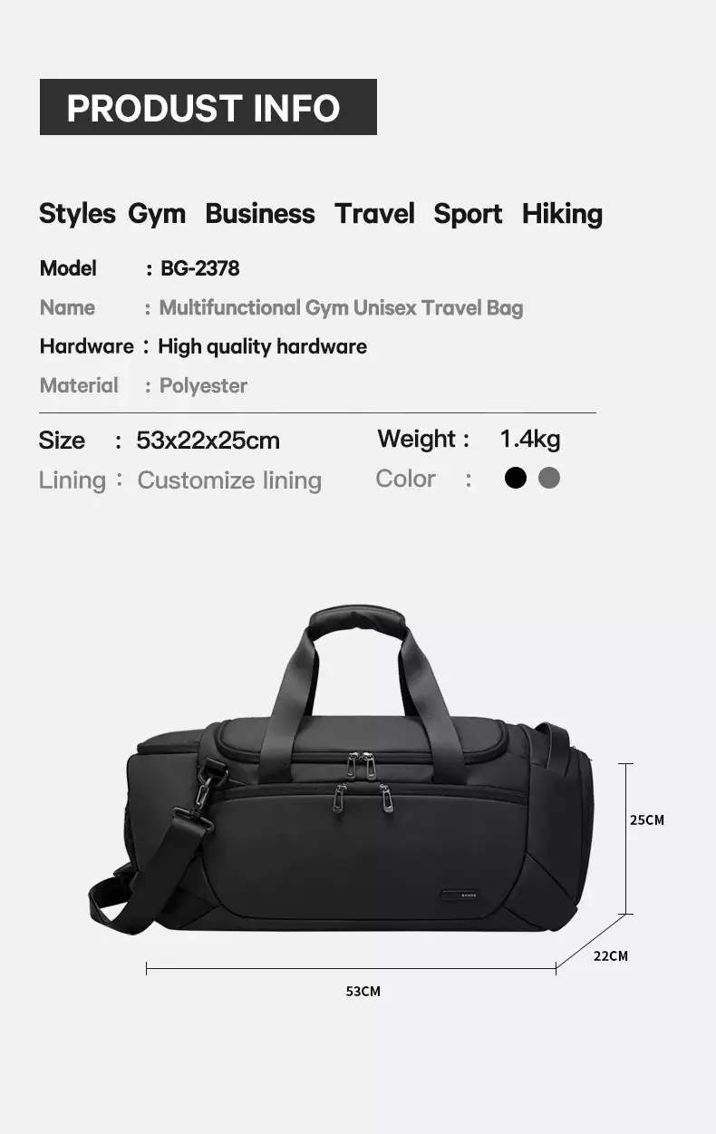 Bange BG2378 Tas Pria Multi Funsi Travel GYM Waterproof Duffel Bag - BLACK