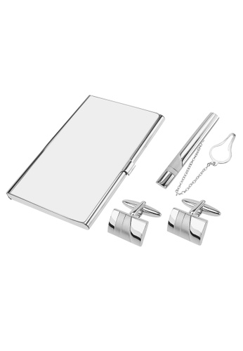 Shiny And Brush Silver Cufflinks Tie Clip And Card Holder Set - 
