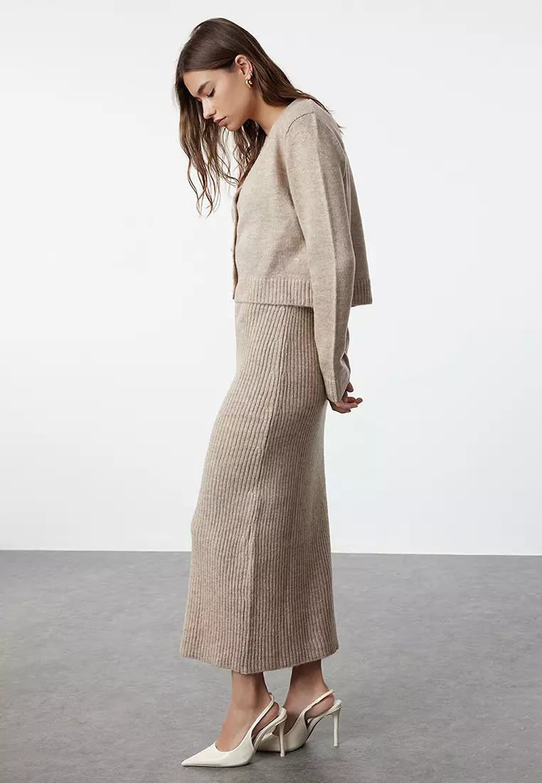 Light Brown Corded Soft Textured Knitwear Dress Cardigan Suit TCTAW25US00049