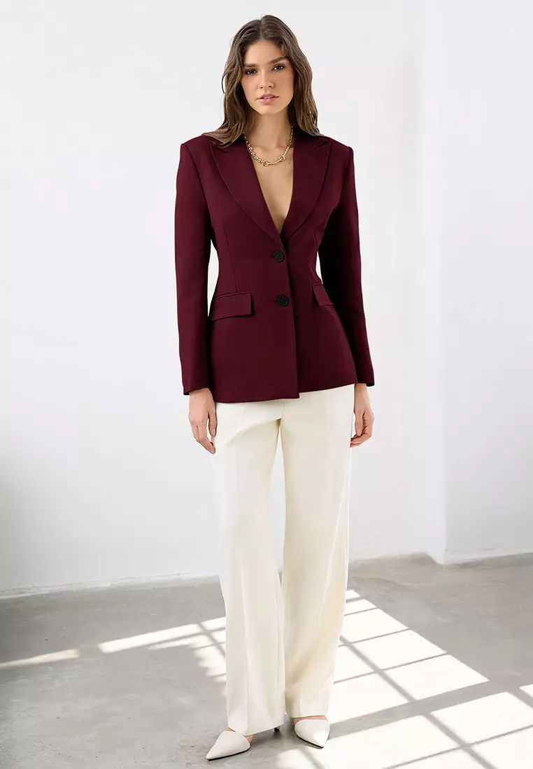 Burgundy Fitted/Close-Fitting Woven Blazer Jacket Twoaw26Bc