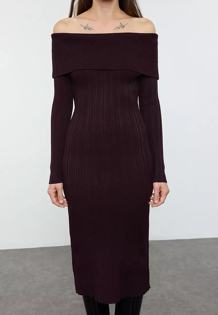 Plum Midi Knit Basic Carmen Collar Dress Twoaw25El00033