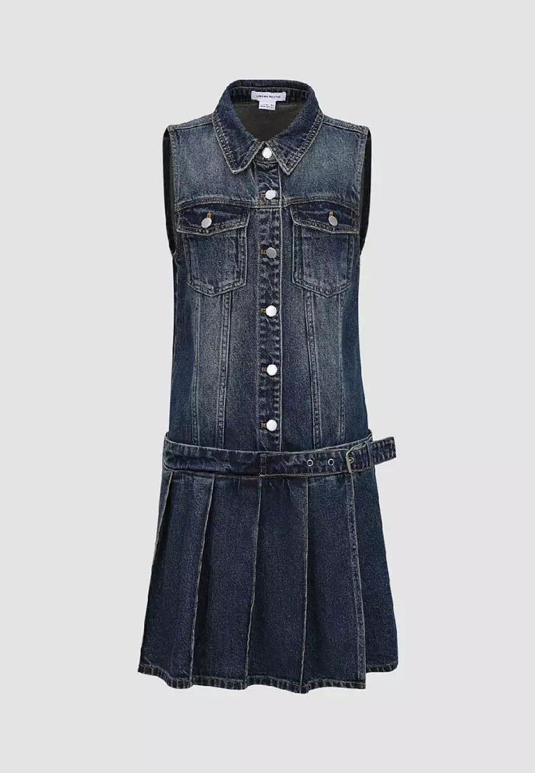 Urban Revivo Sleeveless Lapel Denim Straight Dress 2025