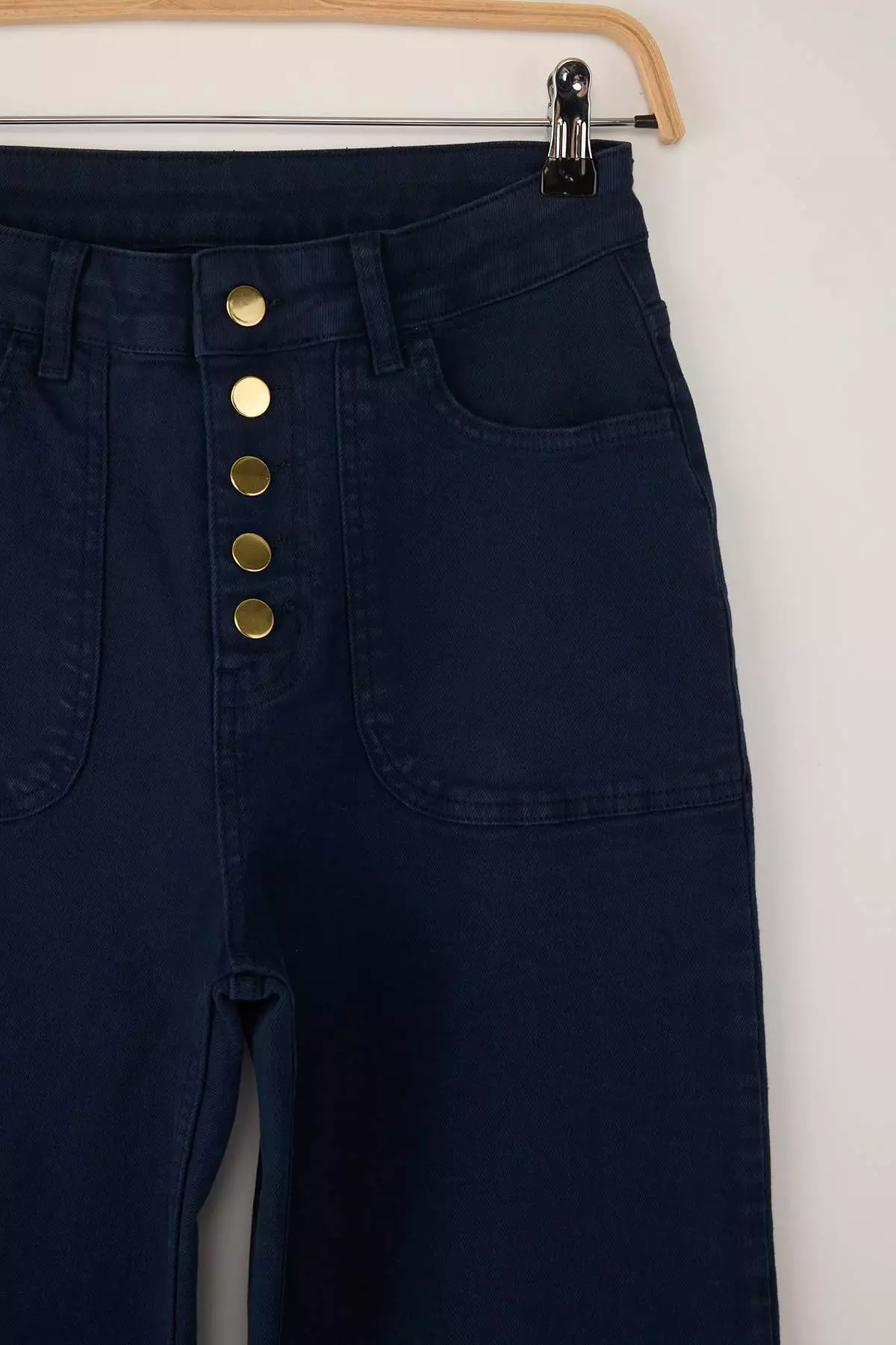 Navy Blue Button Detail High Waist Wide Leg Jeans