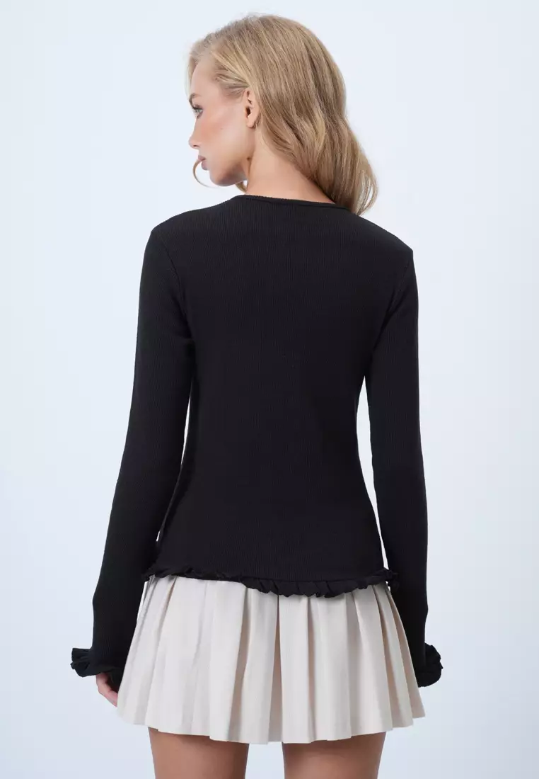 Women's Black Crew Neck Ruffle Detailed Buttoned Front Knitted Blouse Alc-X14533