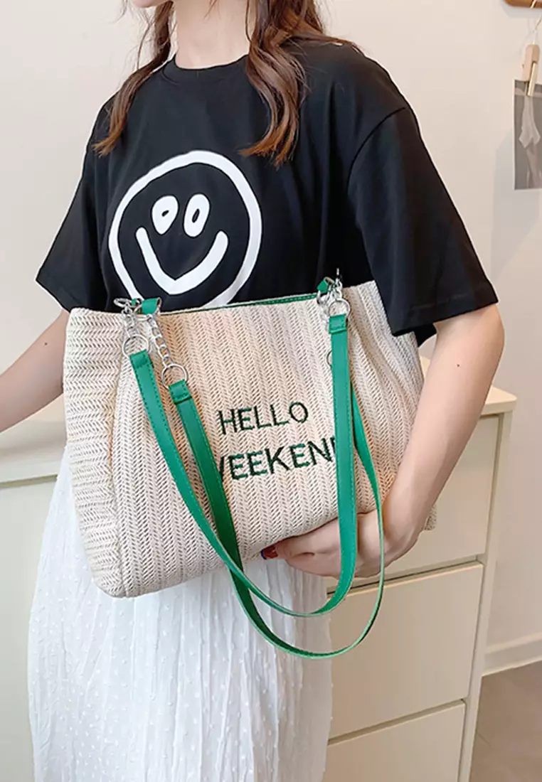 Wakakids Tas Wanita Bahu Shoulder Bag Tote Bag Bahan Anyam Jerami Motif Hello Weekend Venrz Coklat