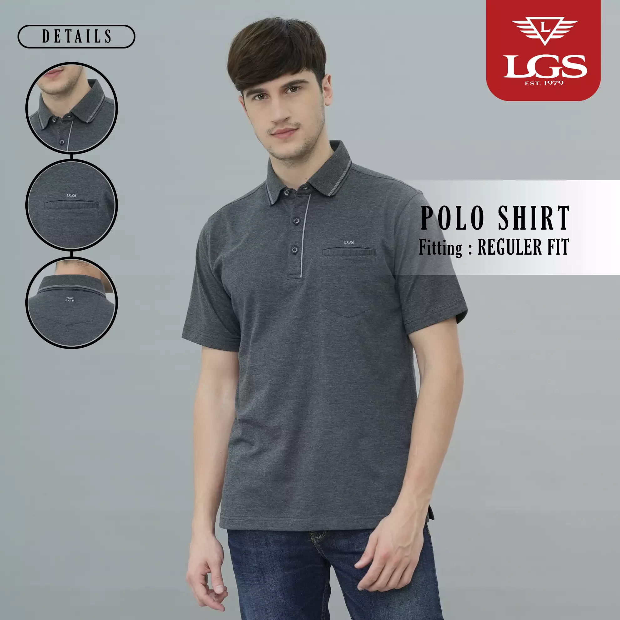 LGS - Kaos Polo - Single Pocket - Regular Fit - Kerah Stripe - Abu - CWS.225.J3404.01.C