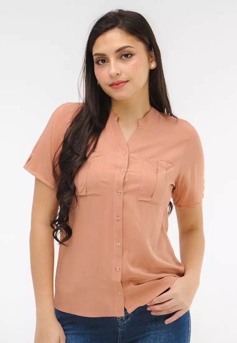 Woven Plain Rayon Short Sleeves Blouse