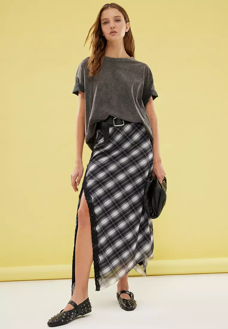 Black Plaid Patterned Tulle Lace Detailed Flexible Skirt TWOSS25ET00067