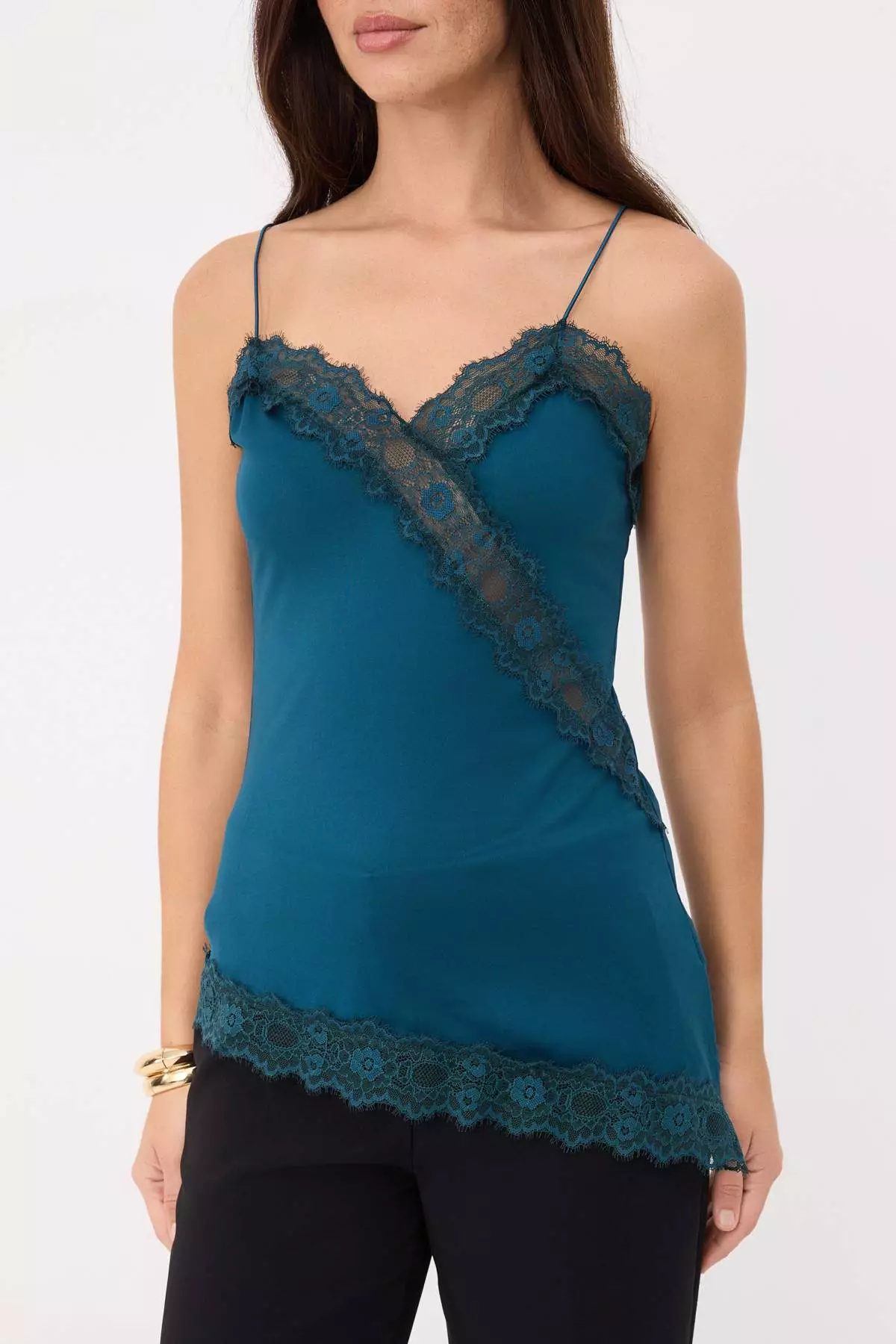 Petrol Regular/Normal Molded V-Neck Sleeveless Lace Detailed Crepe Knitted Blouse Twoss26Bz00825
