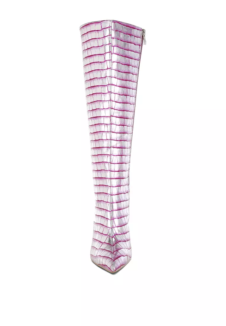 Sepatu Bot Panjang Croco Metalik dalam Warna Pink