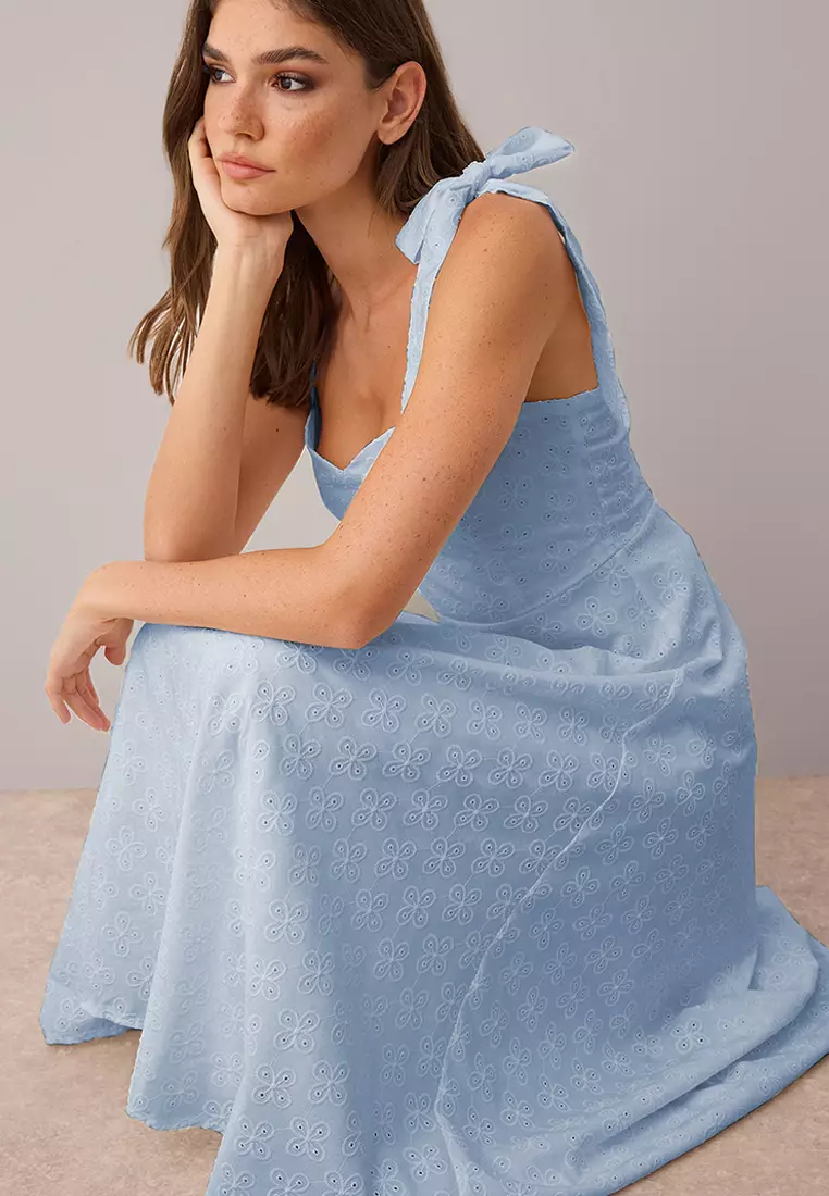 Embroidered Tie Shoulder Dress
